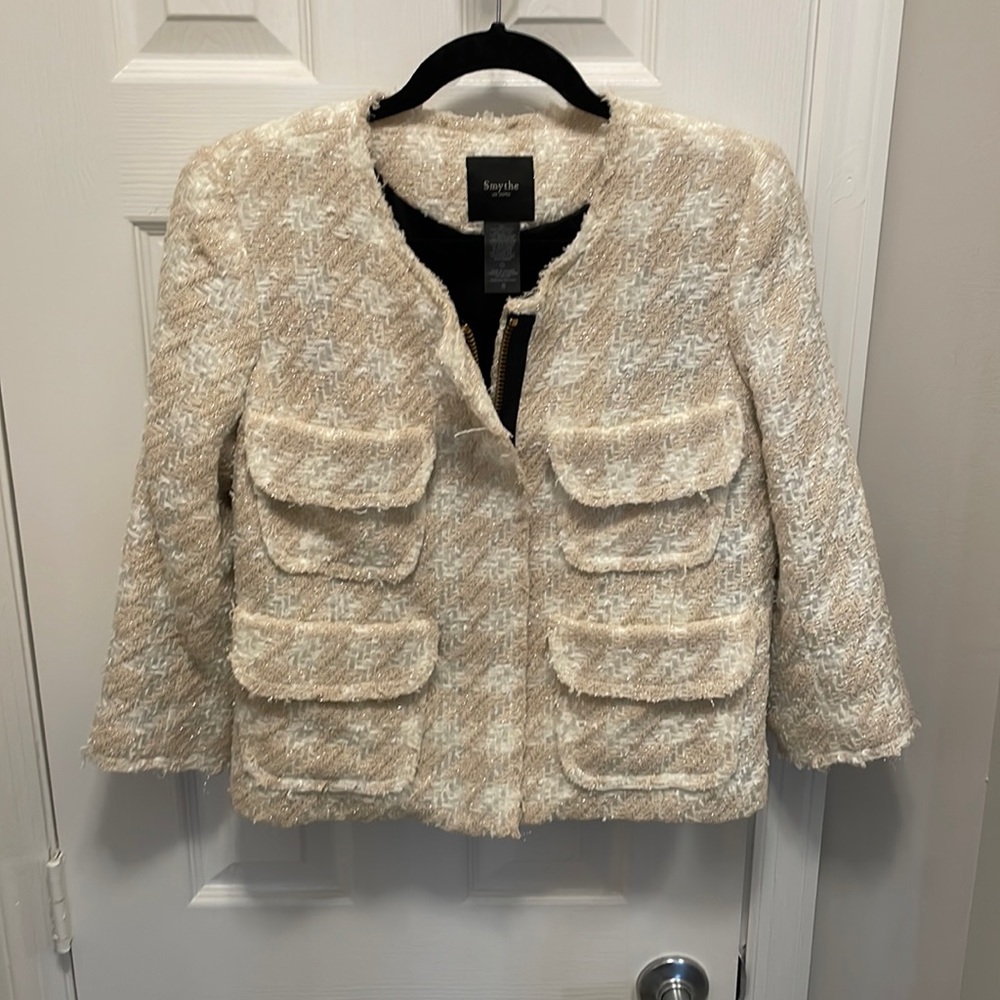 NWOT Smythe - Cream Houndstooth Woven Metallic Tweed Jacket Sz 8